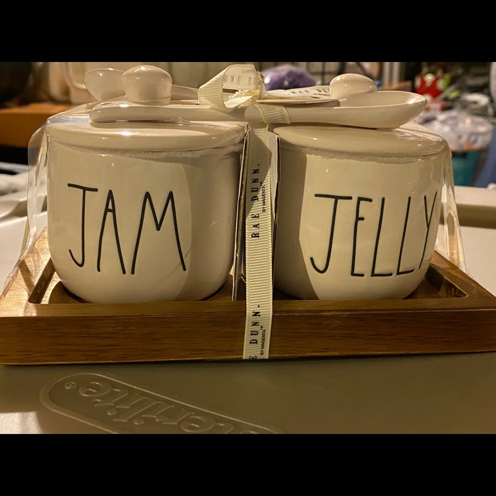 Rae Dunn “ Jelly & Jam “ container and spoons NWT